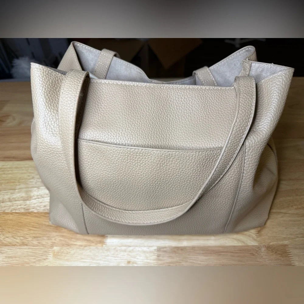 Halston Pebbled Leather Tote Bag Large Taupe Beige Shoulder Bag Minimalist Purse